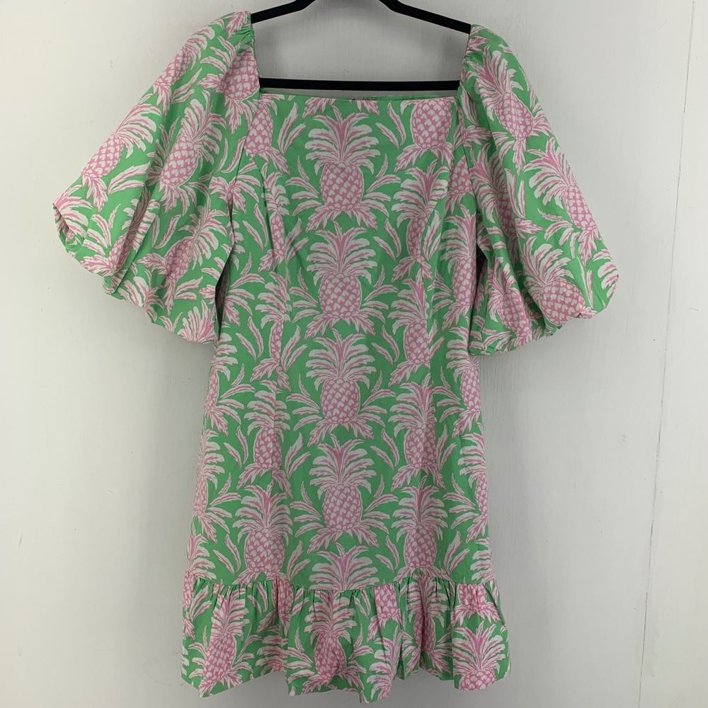Coastal Resort Womens 14 Summer Vacation Pineapple Fruit Print Puff Sleeve Dress